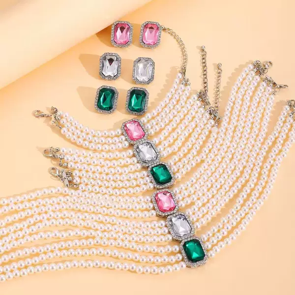 Hepburn Style Vintage Multi-layer Imitation Pearl Gemstone Necklace Bracelet Earrings Jewelry suit Women's Light Luxury High-end