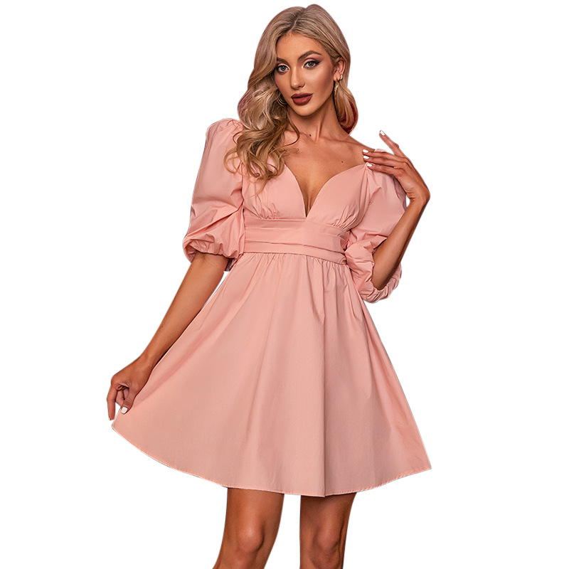 欧美纯色连衣裙速卖通女装性感露背方领长袖A字裙跨境一件代发