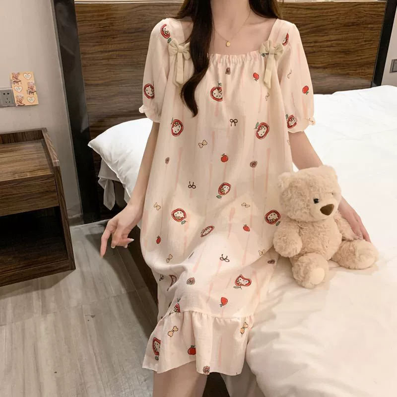Summer pijama with bow, cute top with cups, long skirt, with short sleeve, loose fit, mid-length