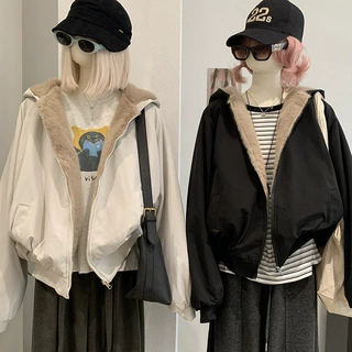 KEKEZOON 加绒加厚连帽两面穿派克服外套女冬季宽松保暖上衣 9536