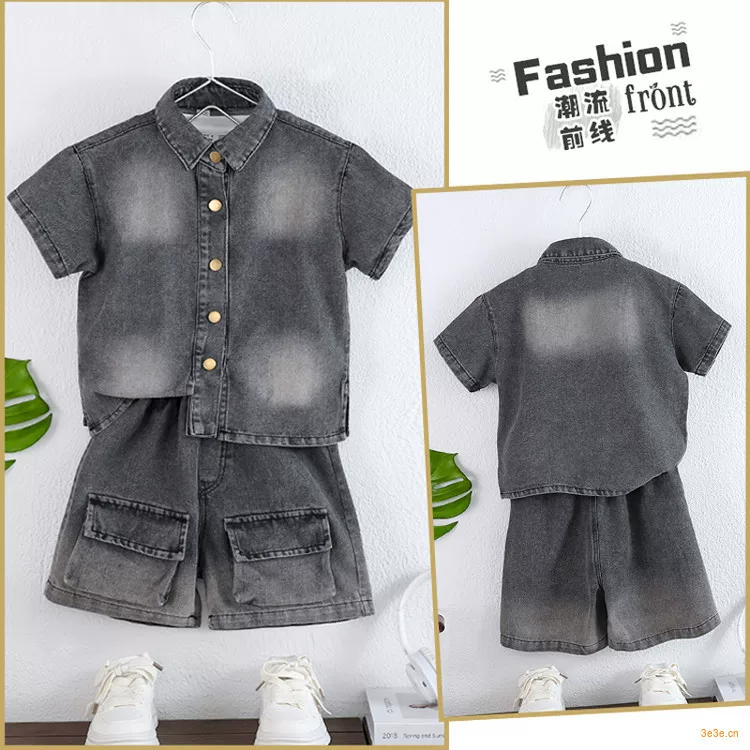 Denim summer clothing, children's men's summer thin set, with short sleeve