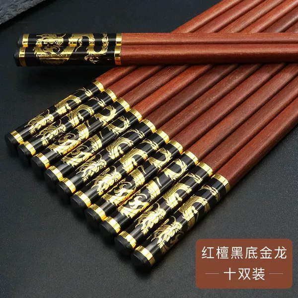 (Golden dragon on black background) 10 pairs of natural red sandalwood chopsticks