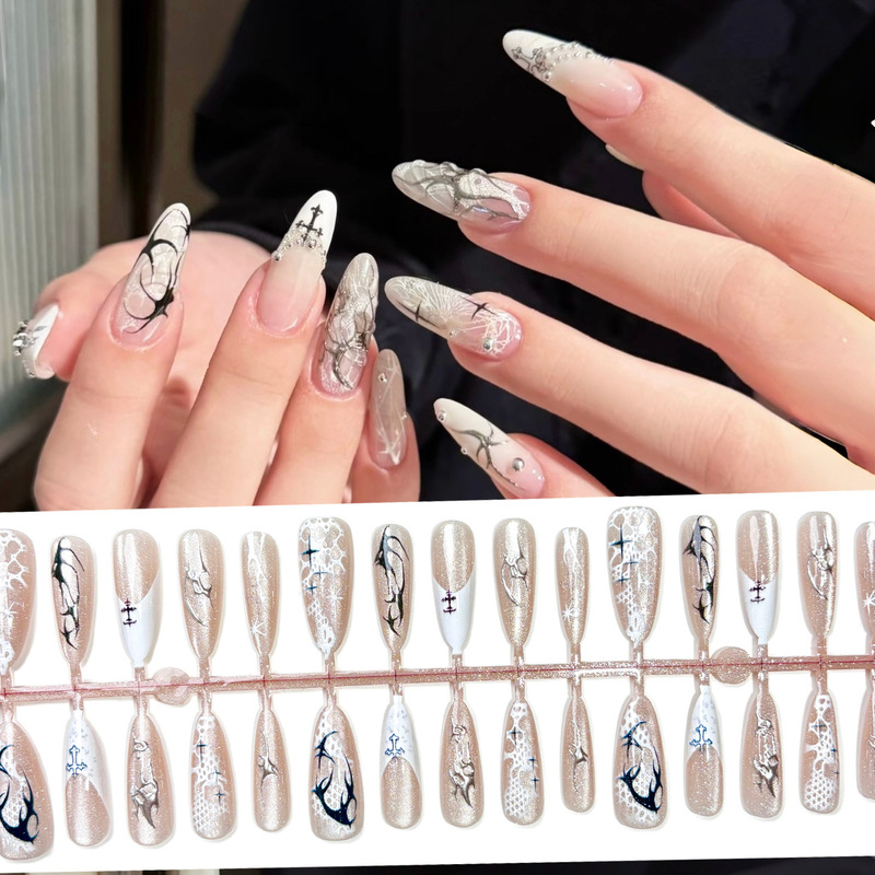 French Almond White Lace Sparkling Wearable Nails Gilt Silver Wearable Nails Dark Gothic Style Nail Patches Cross-Border Hot Sale