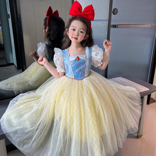 Snow White Girls 2024 Korean Style New Elsa Dress Children's Short Sleeve Dress Baby Princess Dress