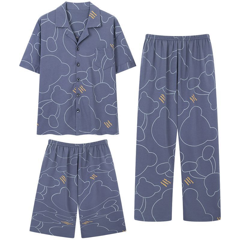 Pijama de algodón para hombre de verano pantalones cortos de manga larga ropa casera de verano pantalones cortos de tres piezas