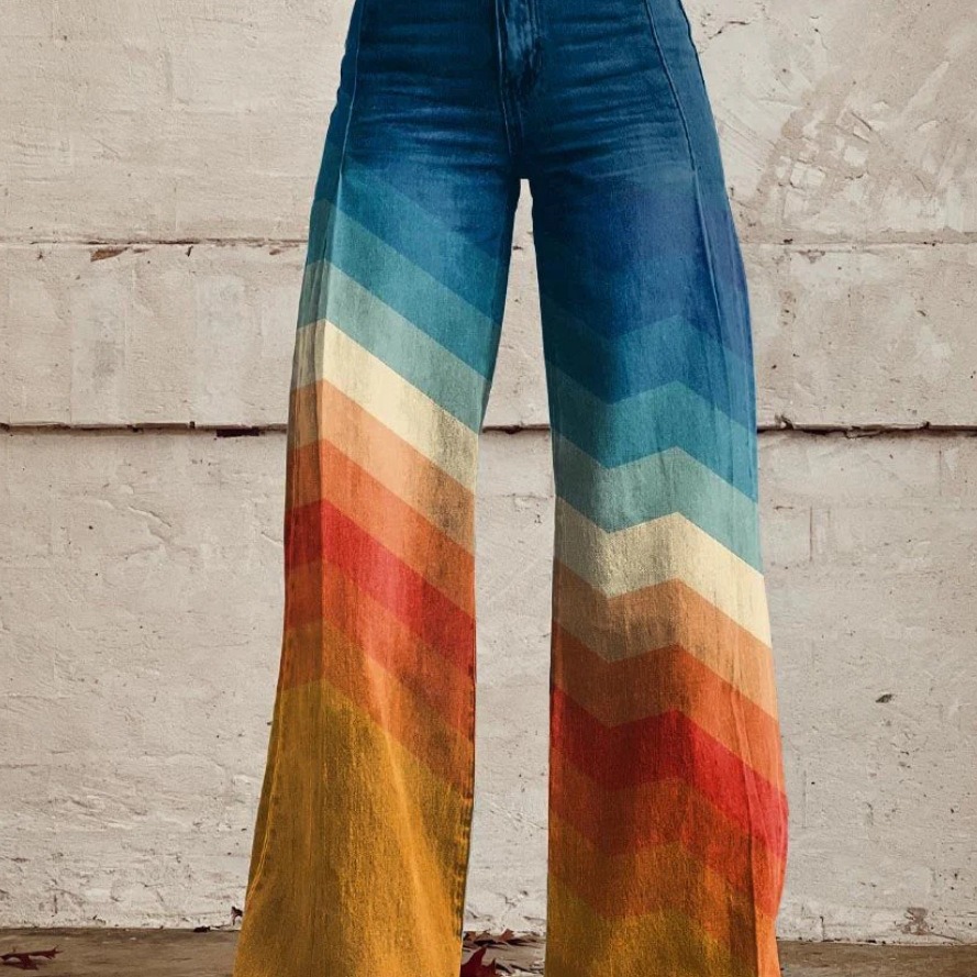 外贸大码女士阔腿裤 新款3D热转印喇叭裤 仿真牛仔长裤 夏季薄款