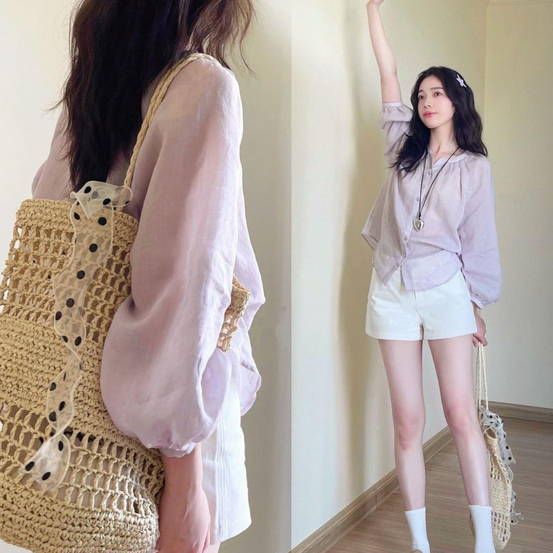 2025 Summer Thin Lilac Chiffon Shirt for Women, Petite Loose Fit, Long Sleeve Shirt for Outdoor Wear, Sun Protection Shirt