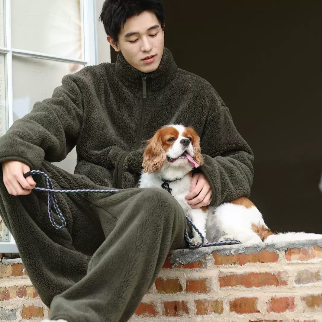 835冬季新款男士睡衣立领拉链套装珊瑚绒加绒加厚保暖宽松家居服