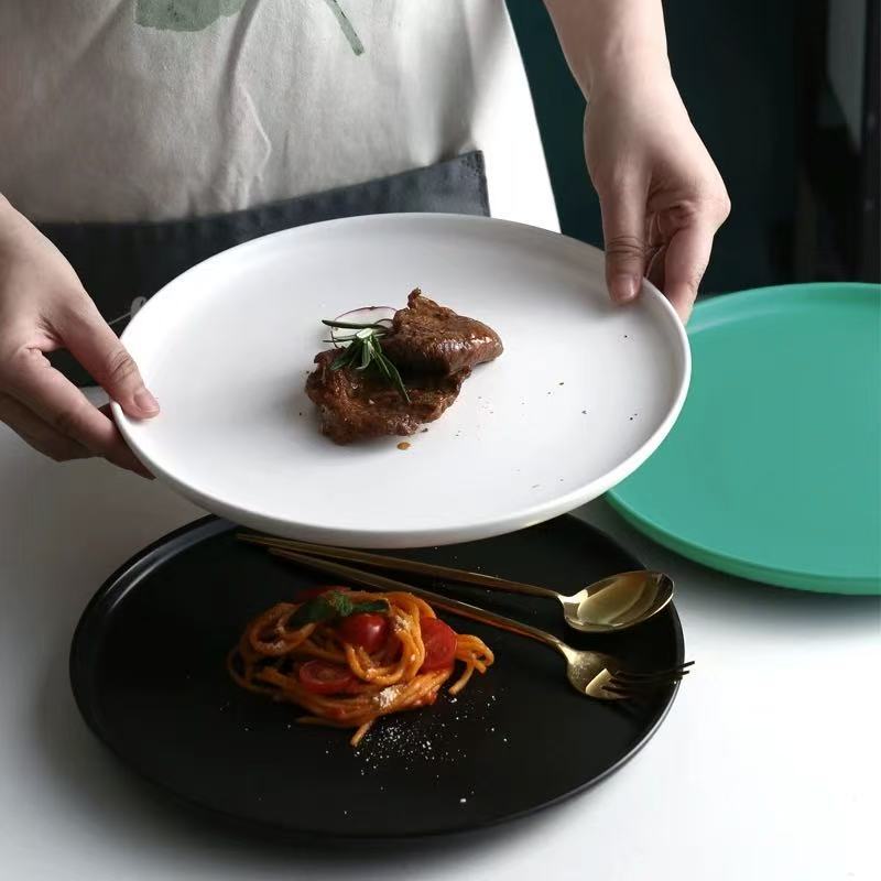Cross-Border Pizza Plate Tableware Steak Plate Dessert Plate Ceramic Western Food Plate Matte White Black Tableware Breakfast Plate Round