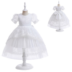 歐美跨境禮服新款泡泡袖刺繡花邊花童小女孩可愛公主兒童蓬蓬裙女