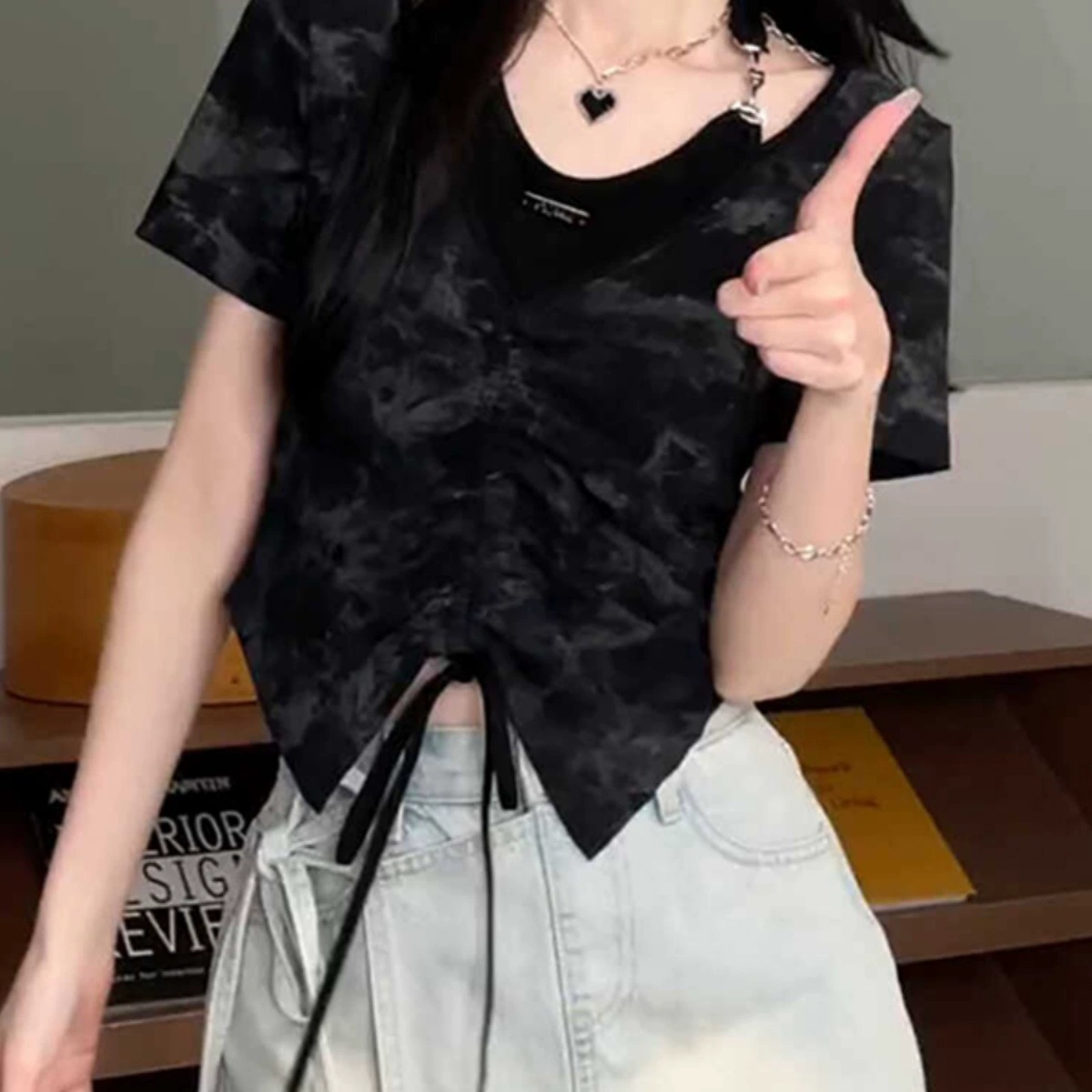 Летняя дизайнерская футболка больших размеров с короткими рукавами и воротником-стойкой, женская футболка из двух предметов для похудения, топ на правое плечо