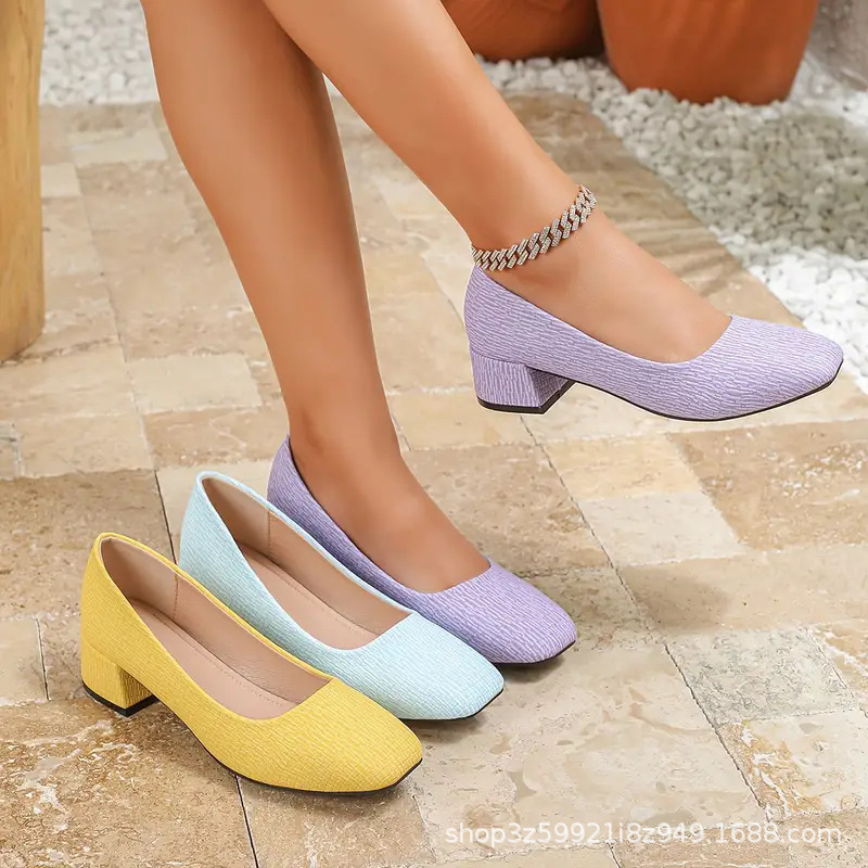 Cross-Border Exclusive Square-Toe Mid-Heel Casual Shoes for Women, European and American Style Fashion Professional Wear, Thick-Heeled Work Shoes, Foreign Trade Shoes