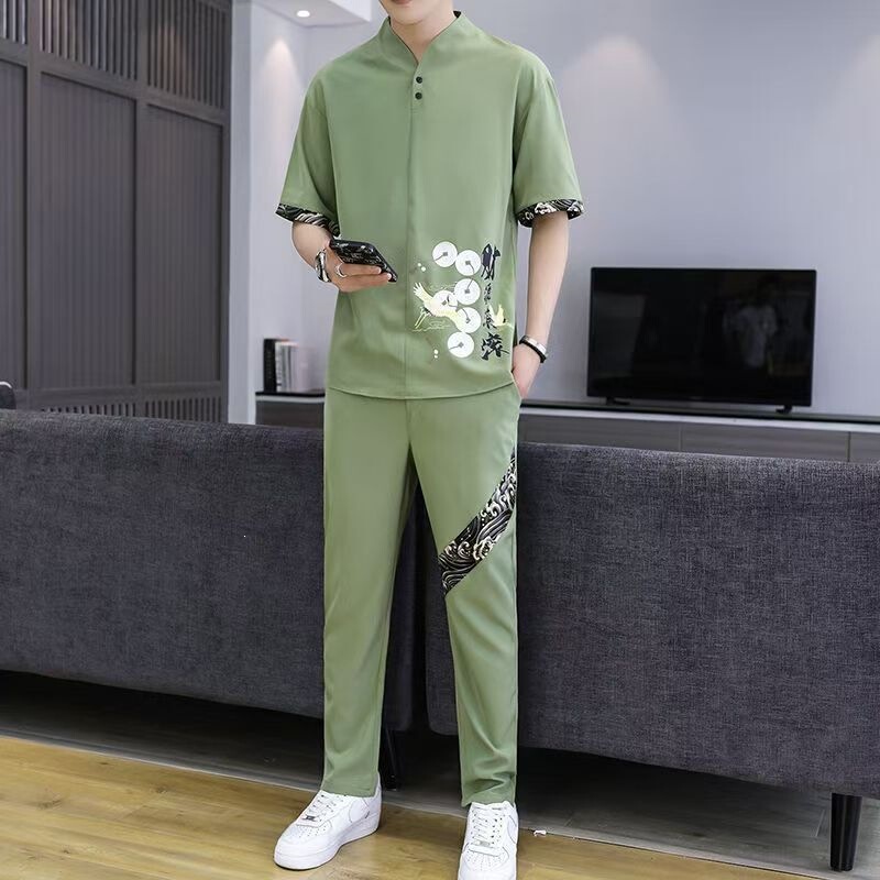 Two-Piece Set of Chinese-Style Men's Clothing, Summer Retro Style Ice Silk Long Pants and Short-Sleeved Men's Suit with Chinese-Style Collar Hanfu