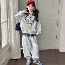 女童春款套装韩系穿搭格子拼接假两件翻领卫衣运动裤两件套