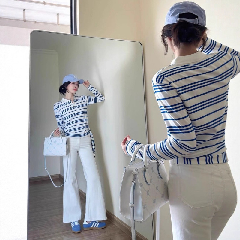 Korean Style Polo Collar Button Striped Long-Sleeve T-Shirt for Women, New Autumn Slim Fit Tie-Up Super Stylish Base Shirt Top