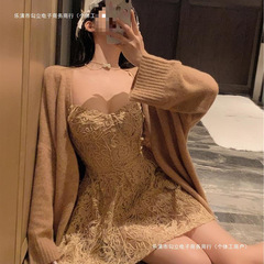 纯欲风辣妹时尚套装女秋装中长款针织开衫绝美复古吊带裙两件套潮