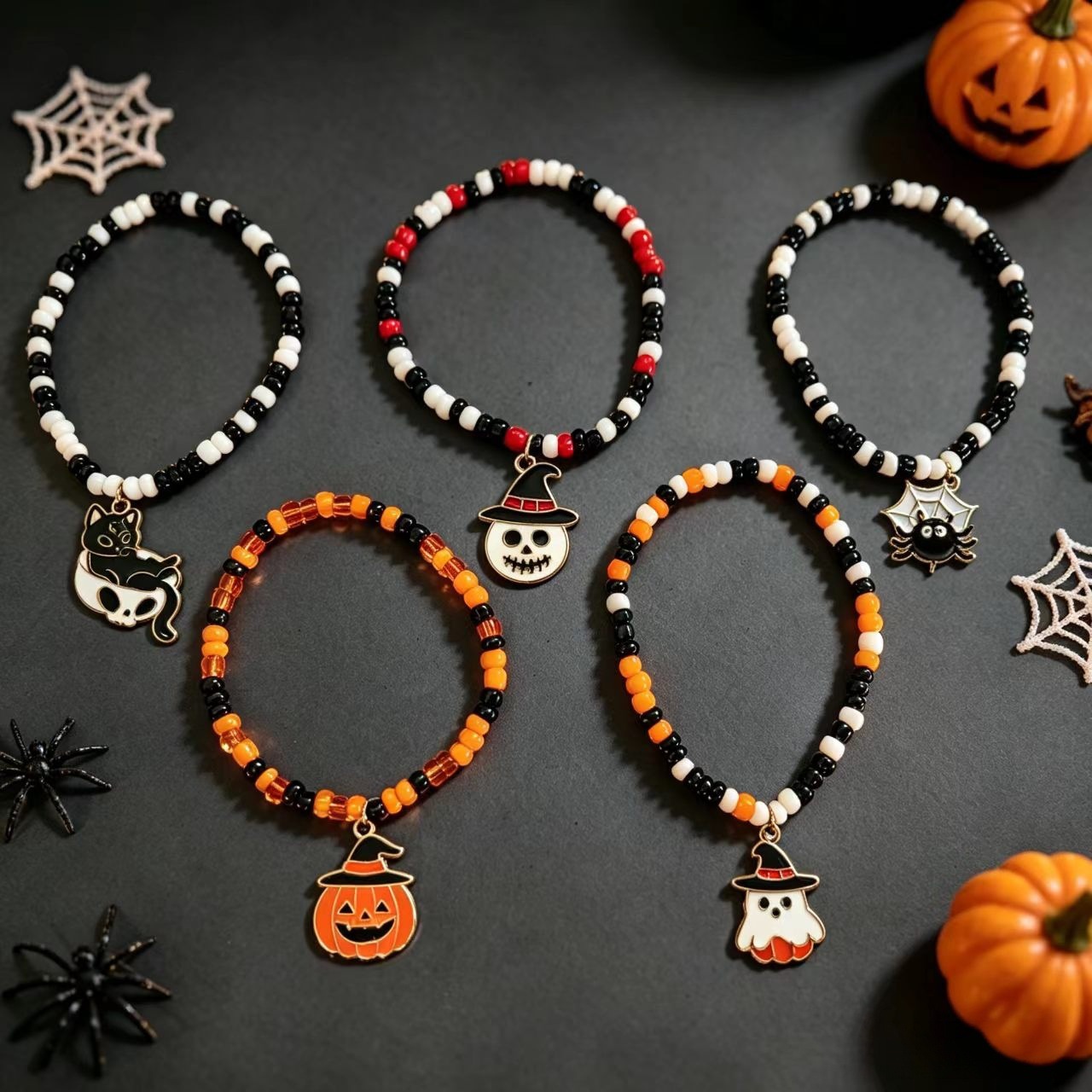 Halloween Horror Series Alloy Spider Web Pumpkin Head Witch Cat Ghost Pendant Handmade Beaded Bracelet