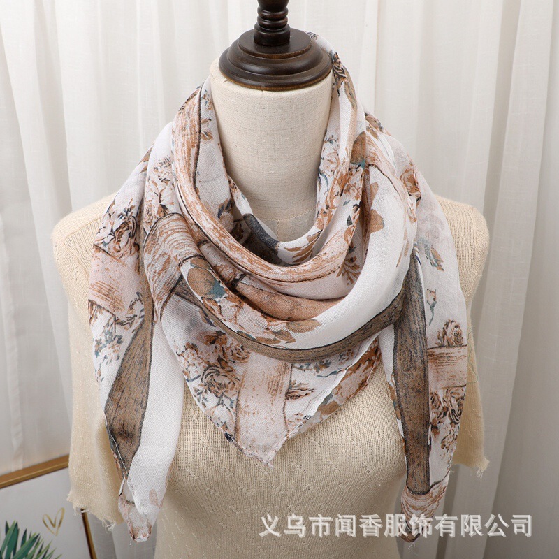 Spring Autumn and Winter Thin Cotton and Linen Square 90x 90 Printed Scarf Sunscreen and Dustproof Headscarf Hui Ethnic Style Cover