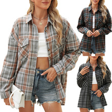 亚马逊独立站2024欧美外贸秋冬新款翻领口袋格子宽松长袖衬衣外套