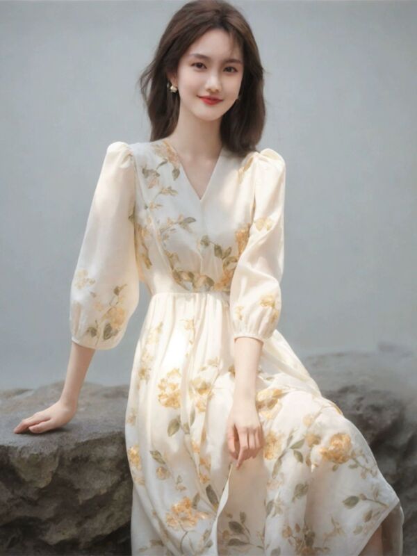 新中国式高級洗練されたフランス気質海辺のリゾート風雪紡織砕花ワンピース女装夏のロングスカート|undefined