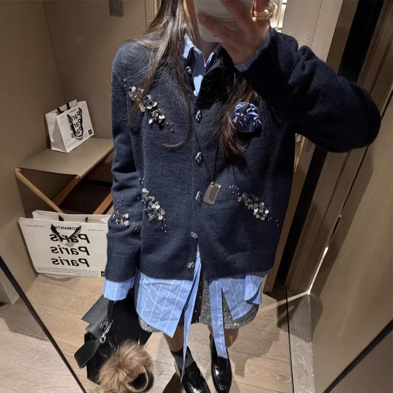 26 Spring New Style Hand-Sewn Beaded Sequin Round-Neck Knit Cardigan for Women, Unique Design Versatile Heavy-Duty Sweater