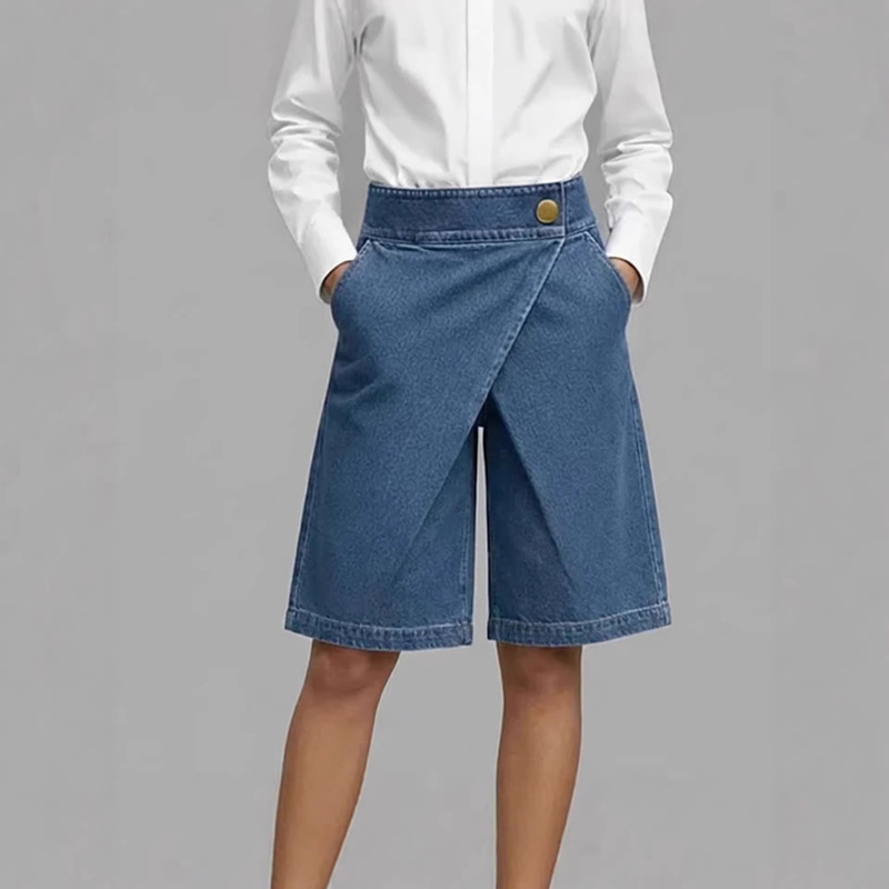 Amazon European and American Independent Site Women's New Denim Asymmetrical Fold-Over Straight-Leg Casual Pocket Five-Point Jeans
