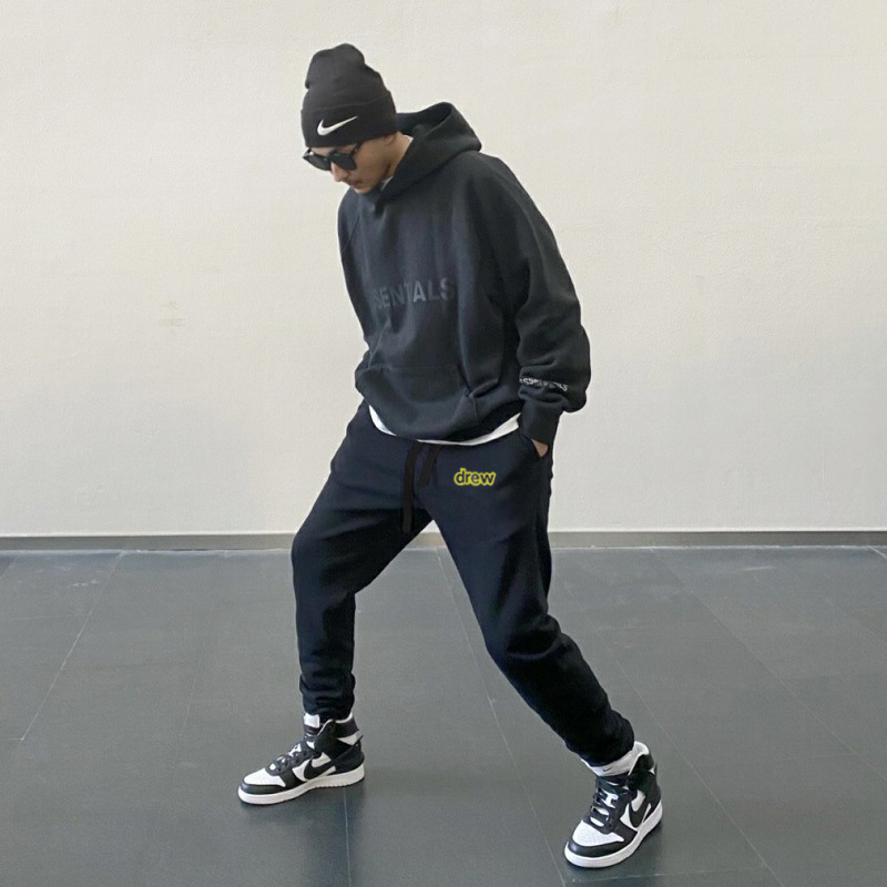 NOEASY Smiley face letter DREW nicho marca de moda Otoño e Invierno estadounidense forrado de lana suelta casual tobillo-atado pantalones largos de los hombres