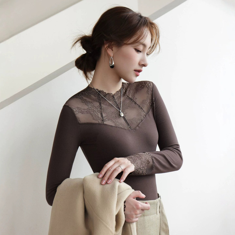Black sexy lace undershirt for women, 2026 early autumn new style, stand-up collar t-shirt, beautiful mesh top Black sexy lace undershirt for women, 2026 early autumn new style, stand-up collar t-shirt, beautiful mesh top