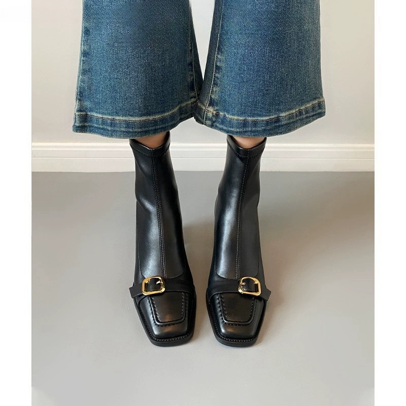 Французские тощие сапоги женские ремни пряжки ножки на каблуках эластичные сапоги женские осенние зимние сапоги толстые каблуки