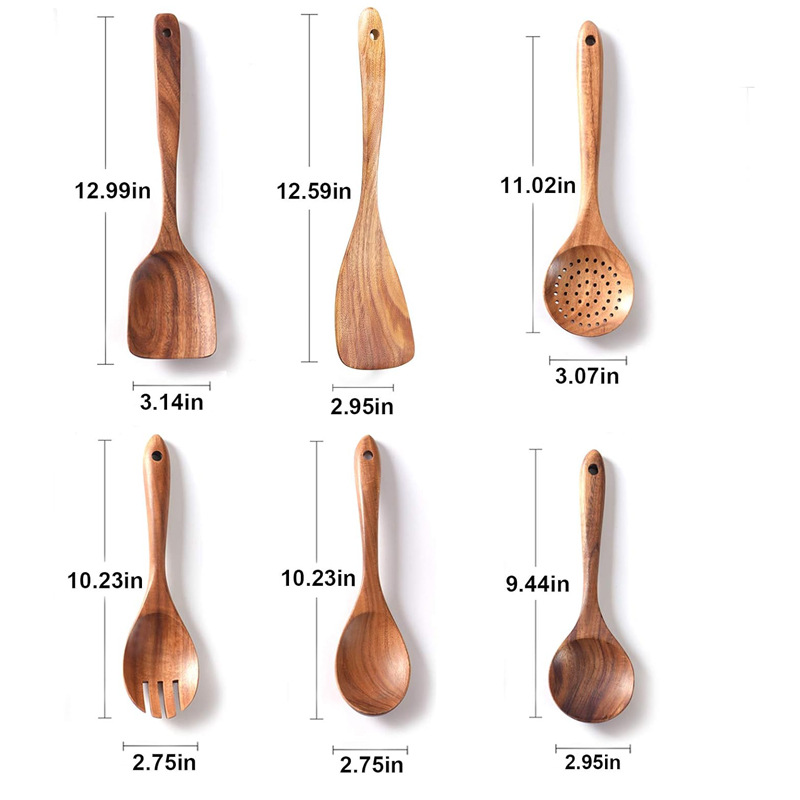 Juego de cocina de teca, cuchara de pala de madera maciza, tenedor, sartén antiadherente, utensilios de cocina de madera de acacia, espátula de mango largo, juego de cocina de 9 piezas
