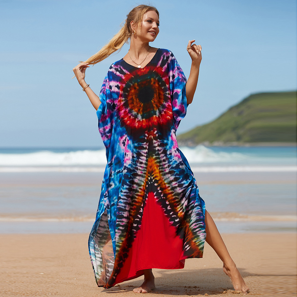 Amazon rayón impreso robe suelta más tamaño playa blusa bikini vacaciones protección solar traje de baño para las mujeres 8625