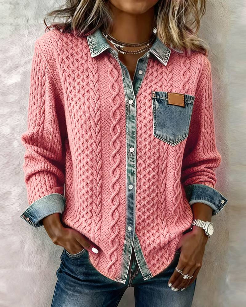 Damen Hemdjacke Aus Strick-denim Oversized Langarm Layering_voghion.com