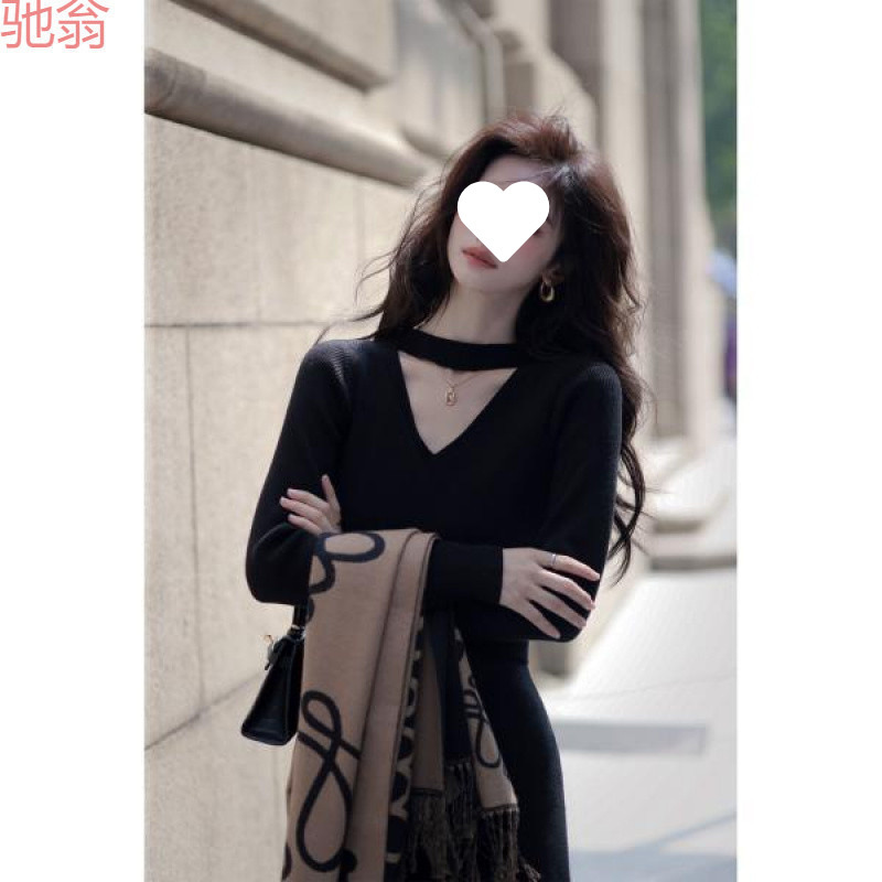 H8A Knitted dress Autumn and Winter Slim-fit Slimming Sweater Dress Mid-length Outer Wear Women's Cross Strap Thickened