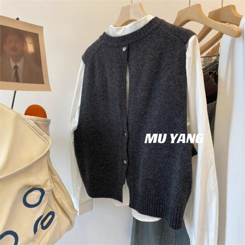 Muyang Designer Niche Style Back Opening Shell Decorated Vest Women's Layered Wool Vest Vest