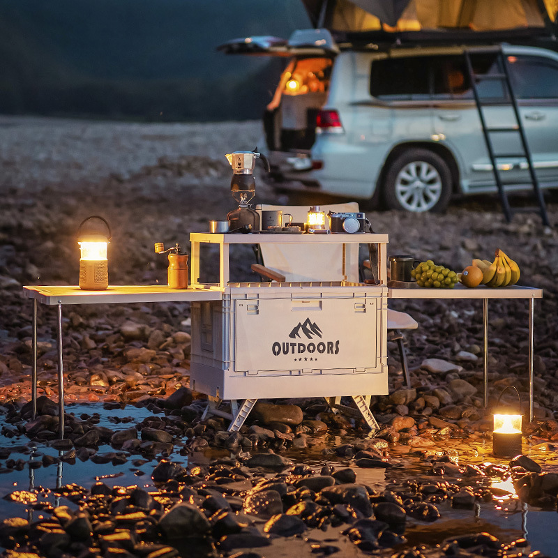 Caja de almacenamiento de camping al aire libre, mesa plegable multifuncional de gran capacidad, caja de almacenamiento con cubierta de madera para camping, caja de recolección de automóviles