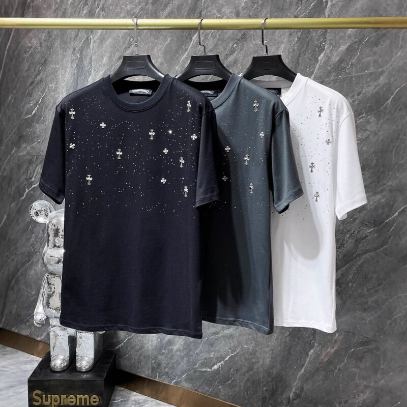 Trendy Brand High-Quality 2025 Spring/Summer New Ch Chrome Hearts Cross Star Rhinestone Casual Short-Sleeve T-Shirt