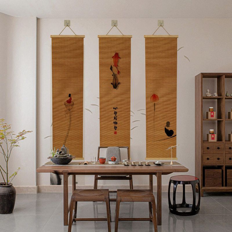 Bamboo Curtain Hanging Painting Bamboo Printing Bamboo Hanging Painting Curtain Decoration Bamboo Roller Curtain Tea Room Study Calligraphy Hanging Painting Combination