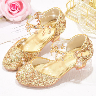 Factory wholesale girls' shoes Children's shiny performance high heels gold pink silver Four Seasons big children Princess crystal shoes