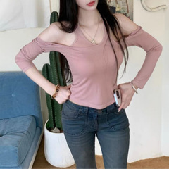 100%莱赛尔/韩推私服 挂脖长袖针织衫修身T恤上衣女