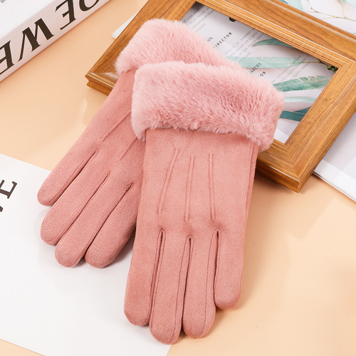 Suede warm gloves winter ladies students cute Korean style velvet thickened outdoor cycling touch screen gloves