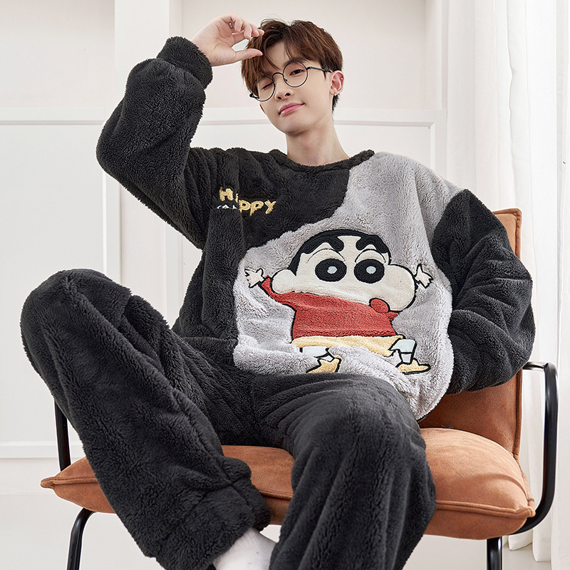 Pijamas de invierno de los hombres de coral de lana engrosada forrada de lana cálido desgaste del hogar traje de dibujos animados de franela Jersey de invierno de los hombres