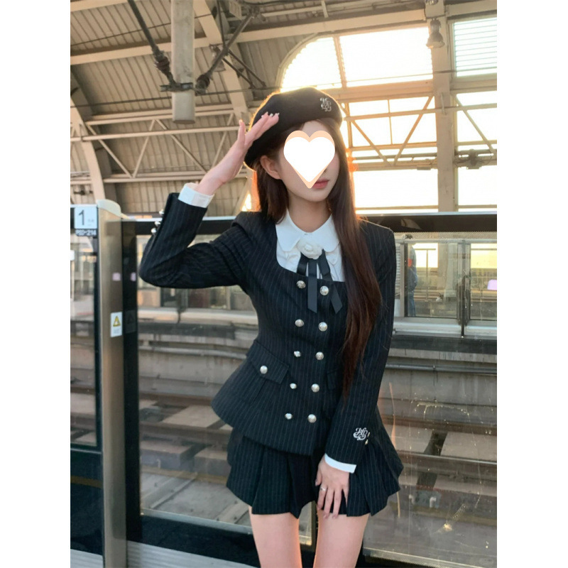 复古非正式休闲收腰显瘦西服套装秋季新款富家千金风百褶裙两件套|undefined