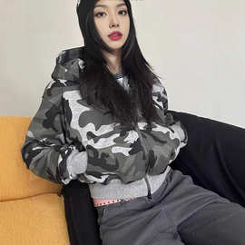美式迷彩短款连帽开衫男女秋季宽松情侣卫衣外套潮