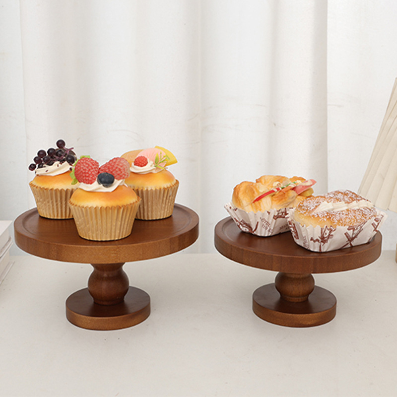 Solid Wood Round High Foot Tray Household Living Room Cake Decoration Fruit Snack Plate Party Welcome Snack High Foot Tray
