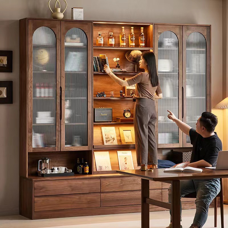 Black Walnut Wood Bookcase Integrated Whole Wall Display Cabinet Living Room Household Card Seat Bookcase Combination Solid Wood Locker Floor-Standing Locker