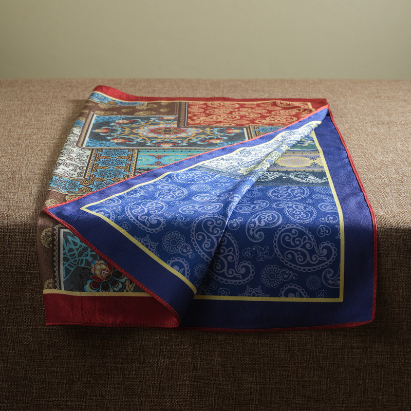 Dunhuang Red Paisley Silk Scarf 70% Imitation Silk Small Square Scarf for Women, Ethnic Style Headscarf, Neck Protection, Double-Sided Scarf for Spring and Autumn