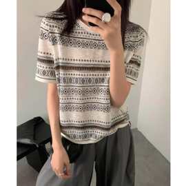 一件代发2026夏季新款时尚休闲圆领百搭针织衫复古提花针织短袖女