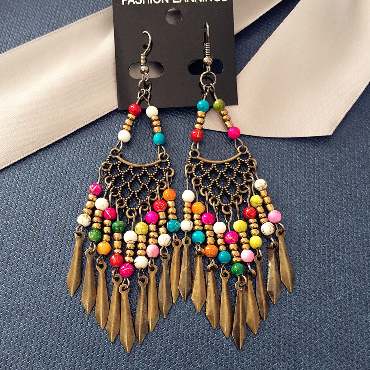foreign trade european and american bohemian retro ethnic style bronze earrings jewelry colorful beads female earrings long tassel earrings