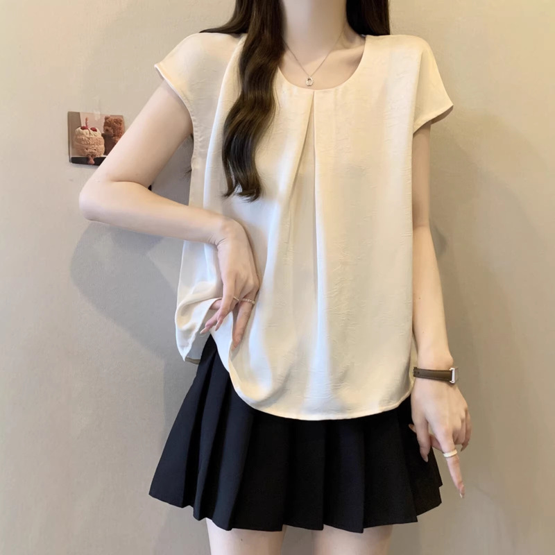 High-End Acetate Satin Chiffon Short-Sleeve Shirt for Women, Summer Plus-Size, Slightly Chubby, Tummy-Concealing Babydoll Top with Small Flutter Sleeves