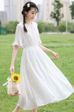 夏季少女白色雪纺连衣裙小清新初中学生高中文艺温柔仙女过膝长裙